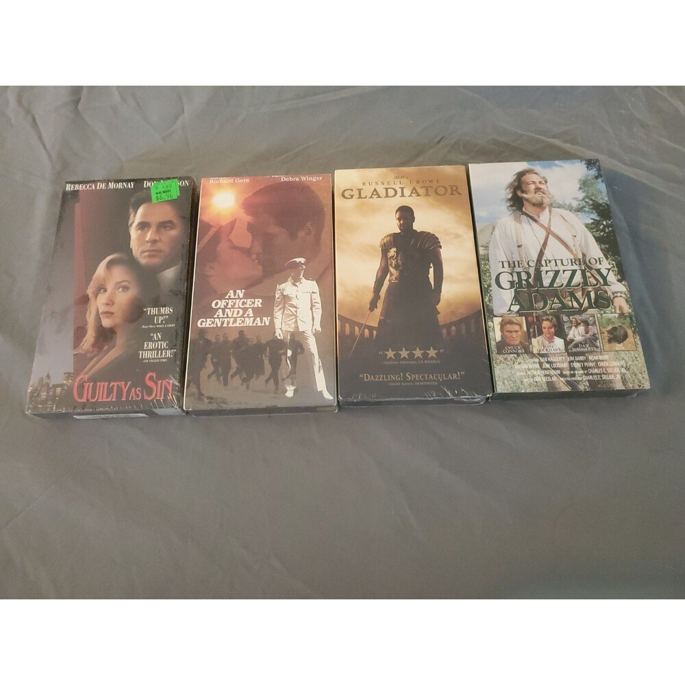 4 Vtg Sealed VHS Tapes Guilty As Sin Gladiator Grizzly Adams Officer & Gentleman